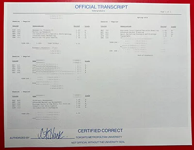 fake Toronto Metropolitan University Transcript for sale